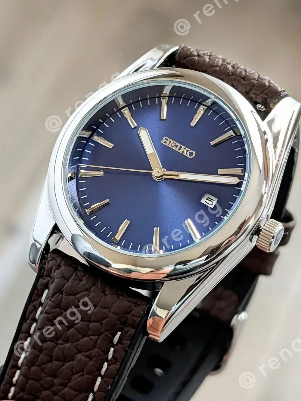 36.5mm Seiko Men's Blue Dial Brown Strap Mod Watch